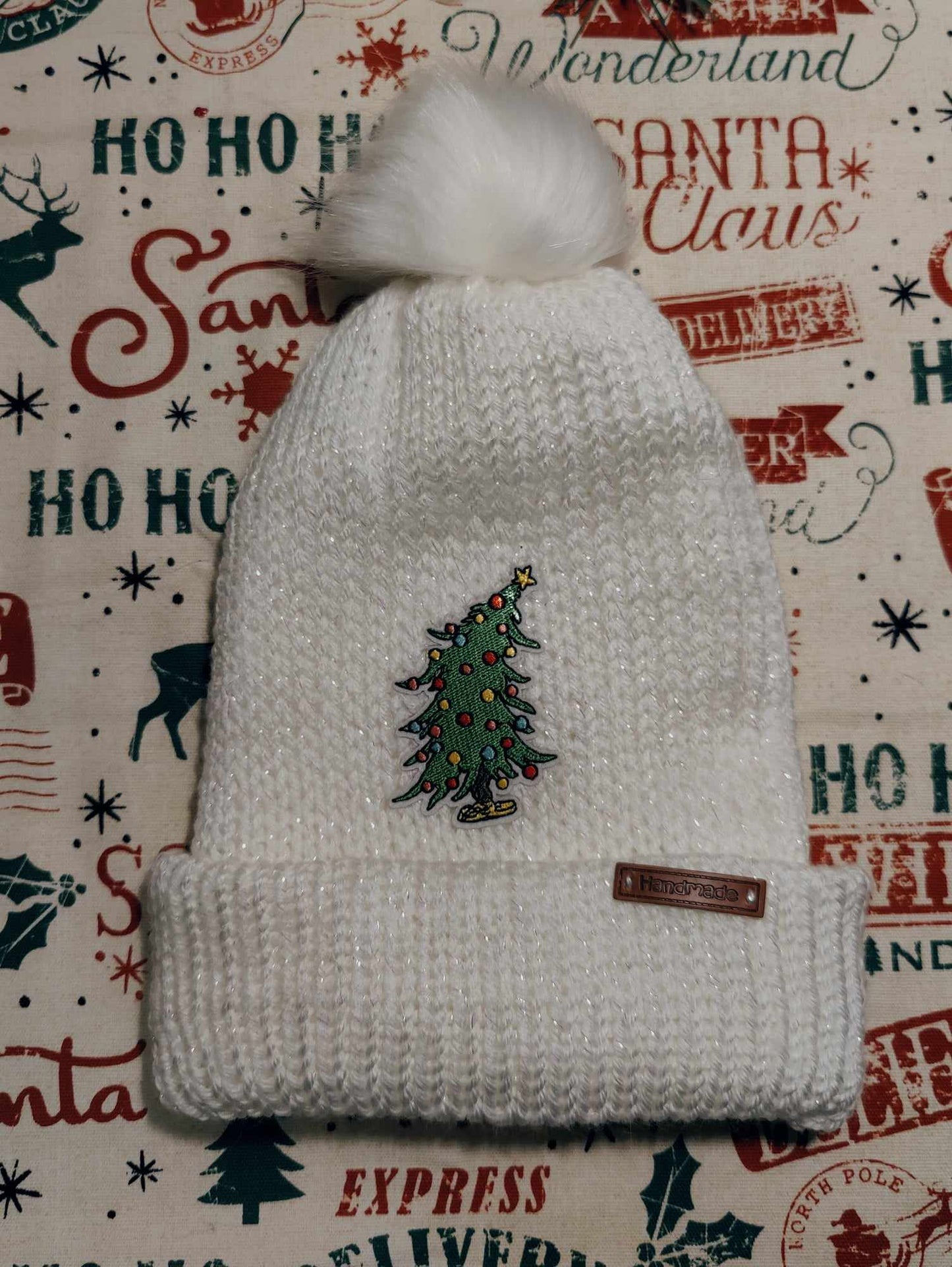 Handmade Knit Hat - White with Christmas Tree Patch