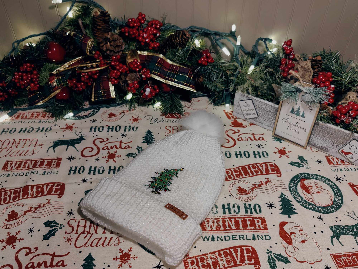 Handmade Knit Hat - White with Christmas Tree Patch