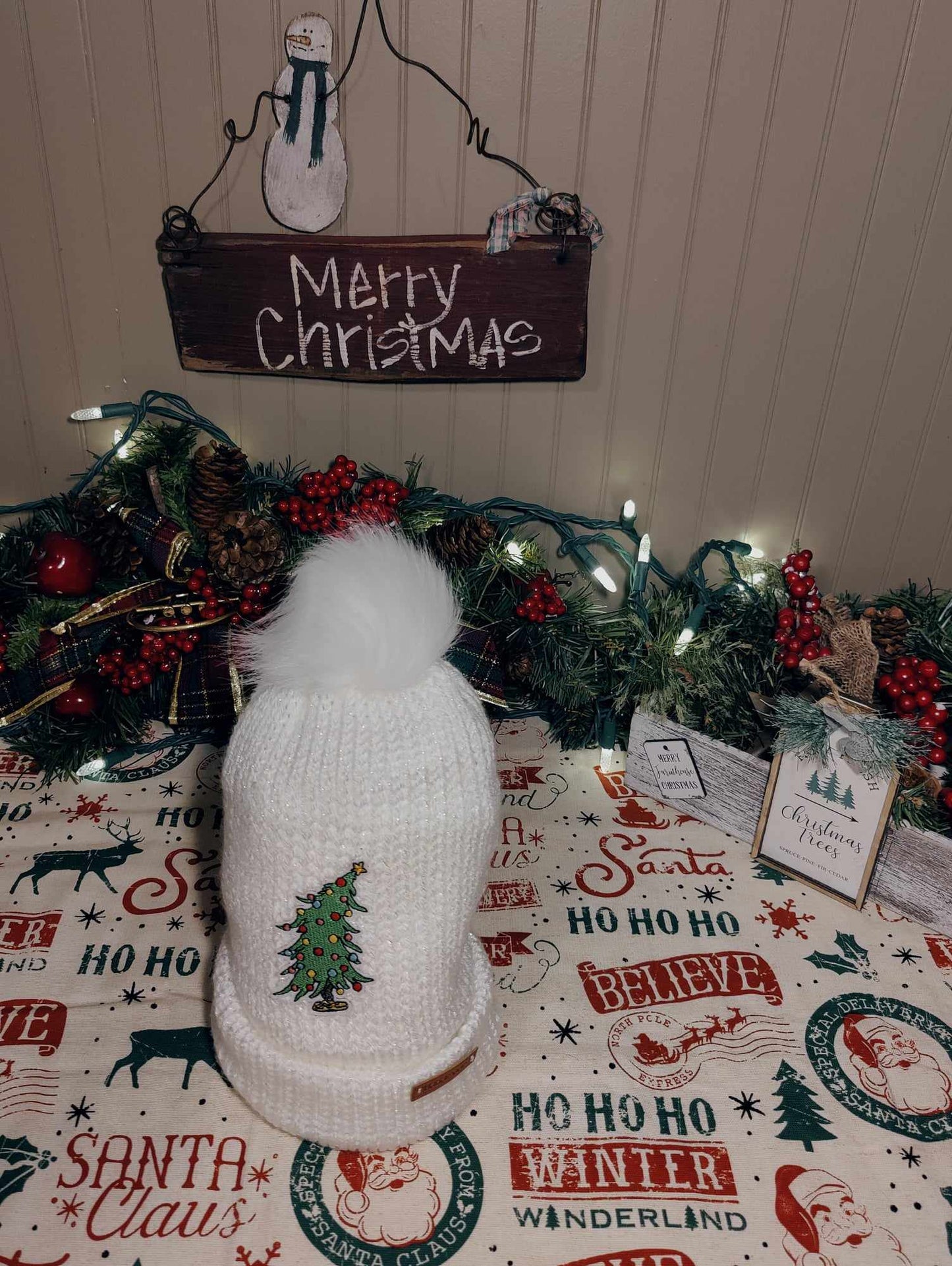 Handmade Knit Hat - White with Christmas Tree Patch