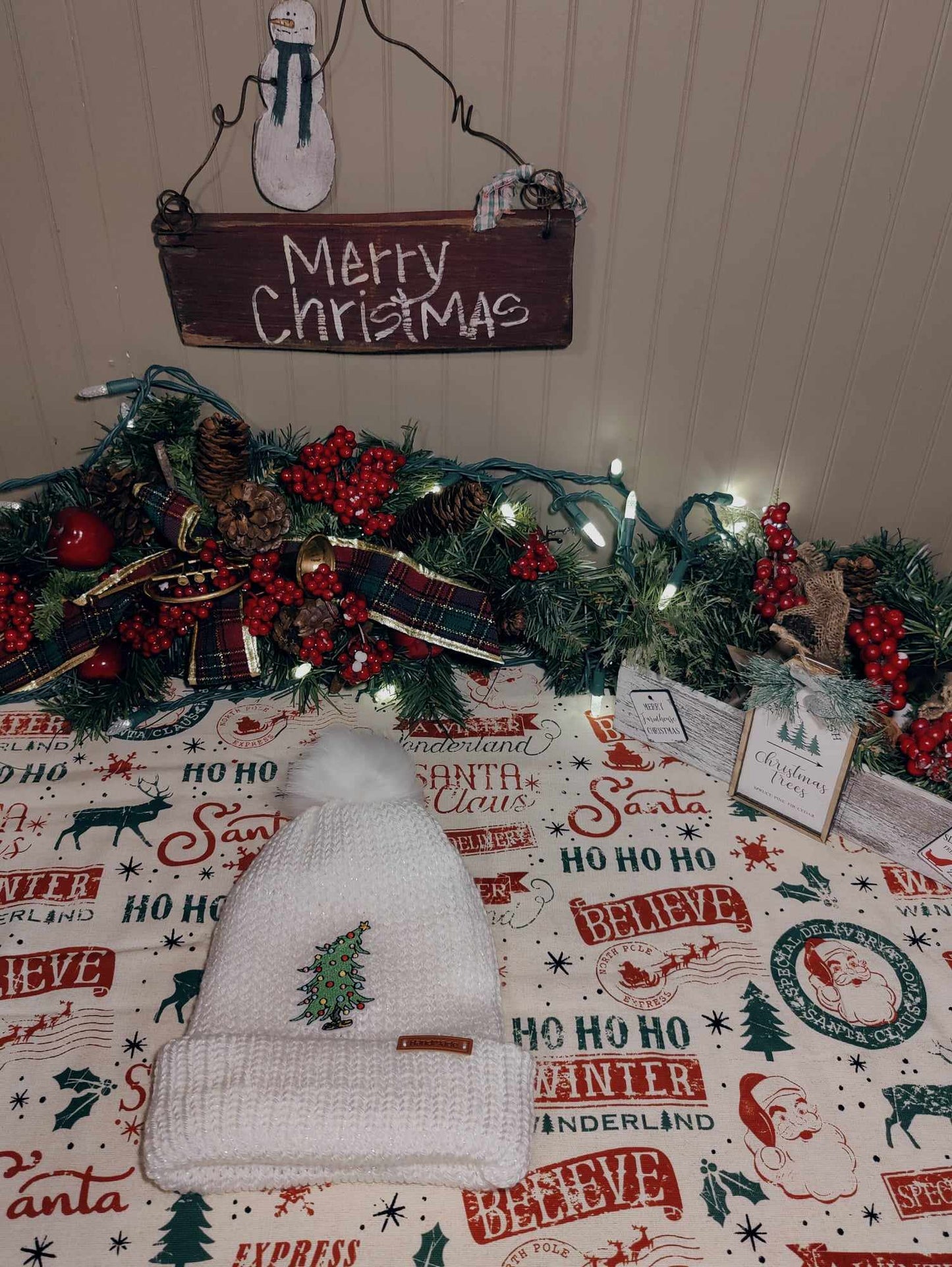 Handmade Knit Hat - White with Christmas Tree Patch